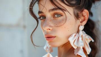 A collection of delicate statement earrings adorned with bows and frills adding a touch of whimsy to any outfit photo