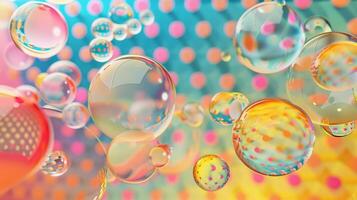 A playful design of colorful 3D bubbles floating on a background of polka dots and stripes photo