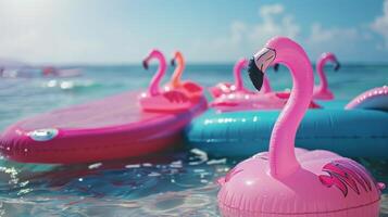 A funfilled party on the shore with inflatable surfboards and flamingo rafts floating in the ocean photo