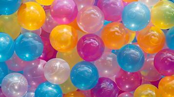A macro image of a plastic ball pit showcasing the small round plastic balls and the smooth glossy texture of the inflatable pool they are contained in photo