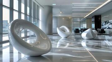A corporate office decorated with sleek and modern plastic sculptures designed to look like airfilled geometric shapes adding a touch of contemporary elegance to the space photo