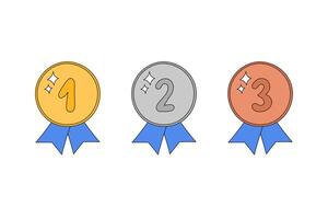 Doodle prizes set of golden, silver and bronze. Medals with ribbon illustration. Winner awards first, second and third places. Outline hand drawn medals isolated elements with numbers 1, 2, 3 vector