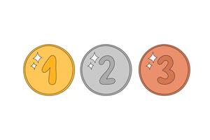 Medals set illustration. Doodle prizes golden, silver and bronze. Winner awards first, second and third places. Outline hand drawn cute medals 1, 2, 3. Isolated design objects, elements vector
