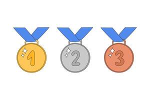 Medals with ribbon illustration. Doodle prizes set of golden, silver and bronze. Winner awards first, second and third places. Outline hand drawn medals isolated elements with numbers 1, 2, 3 vector