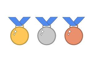 Medals with ribbon illustration. Doodle prizes set of golden, silver and bronze. Winner awards first, second and third places. Outline hand drawn medals isolated elements for competitions vector