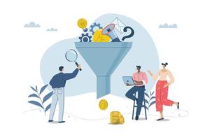 Collecting and filtering business ideas for return or profit, Business development ideas and corporate creativity, Business team people uses sales funnel filter of potential customers. design. vector