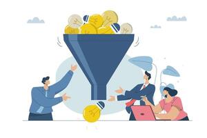 Gathering the team ideas into a single idea, Marketing funnel or combining sales ideas, Brainstorming team meetings to find new ideas. design illustration. vector