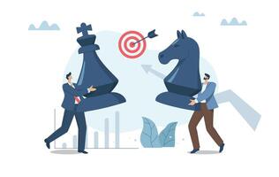 Strategic business planning, Strategizing to compete with competitors, Business confrontation, Businessman moving a large chess piece against a business competitor. design illustration. vector