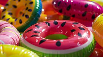 A colorful assortment of inflatable pool toys including a donut pineapple and watermelon slice each highlighting their own unique plastic textures and patterns photo
