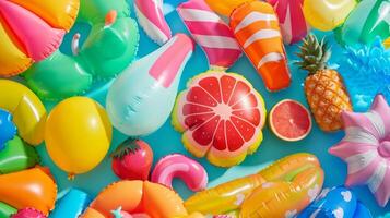 A beach party inspired by the early 2000s featuring a colorful mix of inflatable pool toys beach balls and classic beach snacks like Fun Dip and Fruit RollUps photo