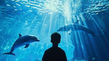 Gazing through the aquarium window gives the illusion of being submerged beneath the oceans surface surrounded by sparkling blue water and playful dolphins photo