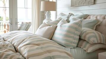 A sunlit bedroom in a beachfront cottage featuring a soothing color scheme of soft beige and seafoam green and a luxurious queensized bed adorned with cabana stripe duvet and shams photo