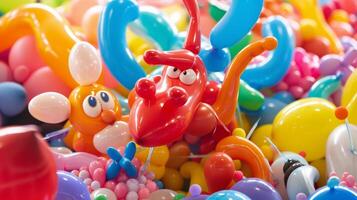 A balloon artist twisting and shaping balloons into a menagerie of playful animals surrounded by a sea of excited laughter photo