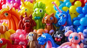 A vibrant display of balloon animals from classic dogs and cats to more imaginative options like unicorns and dragons photo