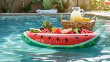 A playful watermelon slice pool float with deep green and juicy red hues floating in a pool beside a basket of fresh fruit and a refreshing pitcher of iced lemonade photo