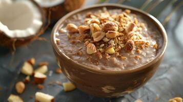 Thick and creamy buckwheat pudding with a hint of maple syrup and a medley of toasted coconut and macadamia nuts photo