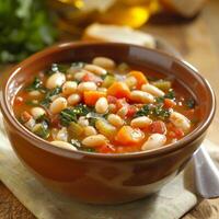 A bowl of hearty minestrone soup loaded with cannellini beans and chopped vegetables photo