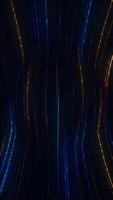 Vertical - technology background with glowing amber and blue neon light beams and flashing digital data lights. Data visualization or network server concept. Sleek high-tech looping background. video