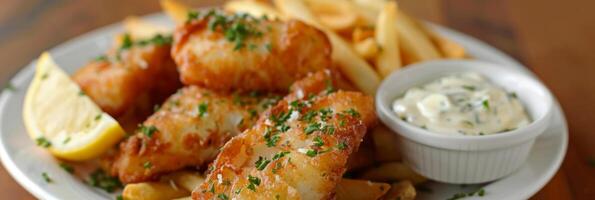 A plate of goldenbrown vegan fish and chips made with tender hearts of palm and crispy batter served with a generous side of tartar sauce photo