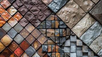 A set of three ceramic tiles in various sizes and shades arranged to create a visually striking textured mosaic photo