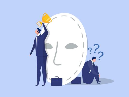 Imposter syndrome.business man standing for her present profile with fear after door . Anxiety and lack of self confidence at work the person fakes is someone else concept