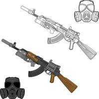 a gas mask and an ak - 47 rifle on a white background vector