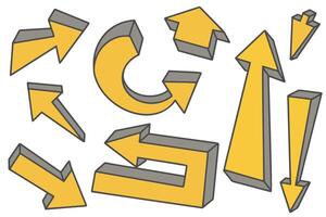Hand drawn doodle arrows set. Pencil yellow line sketch on white background. Curve design elements. Outline sign of cursor. Graphic vintage marks and bold silhouettes vector