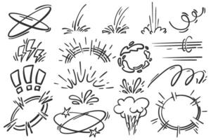 Cartoon bomb boom effect. Bang burst and splashes elements. Doodle pow and smoke speed lines. Hand drawn bubbles and flash motion graphic vector