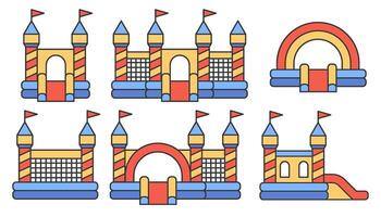 Bouncy castle color icons set. Inflatable house pictograms with slide for air trampoline park and children playground for jumping. Inflated equipment for amusement park and kids zone. vector