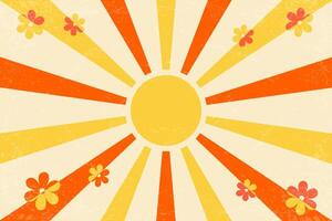 Sunny retro background with radial rays and daisy flowers. Bright 70s abstract poster with beams. Groovy vintage design illustration. Color old paper grunge texture banner vector