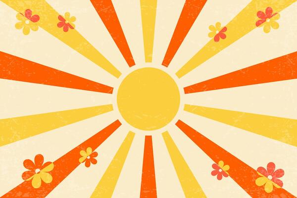 Sunny retro background with radial rays and daisy flowers. Bright 70s abstract poster with beams. Groovy vintage design illustration. Color old paper grunge texture banner