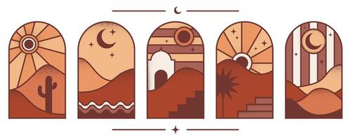 Desert boho logo with mountain and sun landscape. Bohemian valley with moon and cactus. Abstract textured aesthetic design set. Arc with aurora. Travel graphic decoration. vector