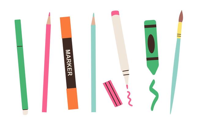 Colored pencils, crayons. markers, pens, ink quill, paint and brush for art school or office. Writing, drawing and crafting colorful tools for kids set flat illustration isolate on white .