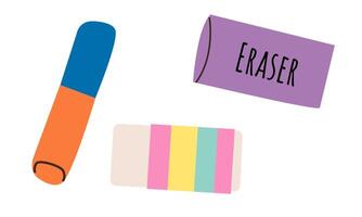 Set of erasers of different color and shape isolated on white background. flat illustration for school or office tool and accessories . vector
