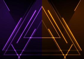 Violet orange glowing neon triangles abstract tech background vector