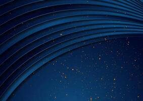 Dark blue wavy abstract background with golden particles vector