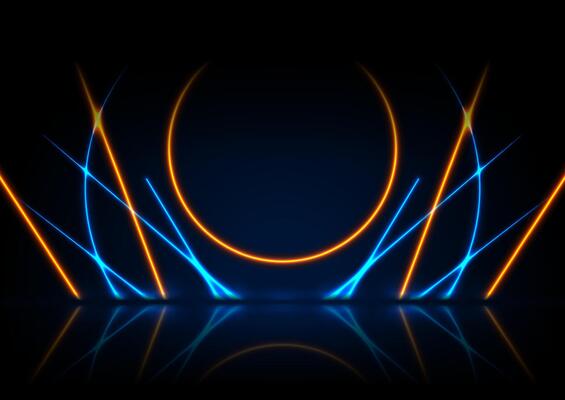 Orange blue neon lines and circles abstract technology background