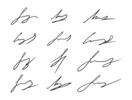 Handwritten fake autograph set. Fictitious signatures for signing documents on white background vector