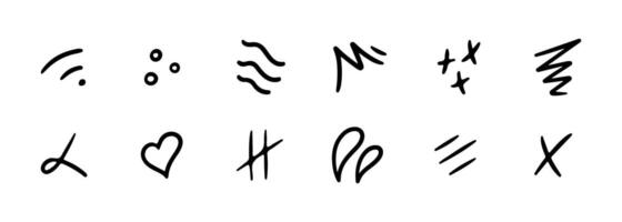 Line movement element set, emotion graphic effects, decoration icons. Doodle line elements, arrow, emphasis, heart, wind, zigzag, sparkle. Hand drawn Anime emotion, express shape. vector