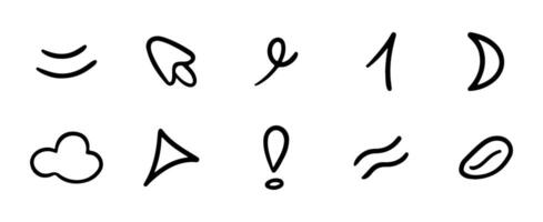 Line movement element set, emotion graphic effects, decoration icons. Doodle line elements, arrow, emphasis, heart, wind, zigzag, sparkle. Hand drawn Anime emotion, express shape. vector