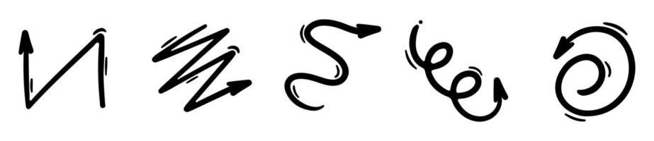 Hand drawn line arrows set. curvy and wavy arrows isolated on white background. vector