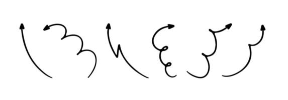 Hand drawn thin line arrows set. curvy and wavy arrows isolated on white background. vector