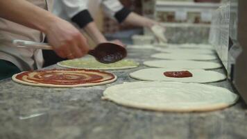 A group of cooks in uniform uniformly put tomato sauce on pizza dough circles. Close-up video