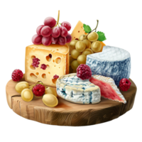 Generated Ai Cheeses crackers and grapes arranged on a wooden board with a glass jar and green leaf png