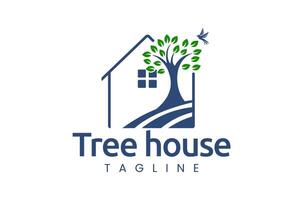 Tree House Illustration Logo with Green Trees and Birds Suitable for Eco-Friendly and Nature-Based Businesses vector