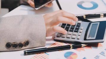 Two executive discussing company growth project success financial statistics, Partner meeting professional investor working start up project for both company with document, laptop and digital tablet. video
