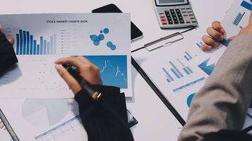 Two executive discussing company growth project success financial statistics, Partner meeting professional investor working start up project for both company with document, laptop and digital tablet. video
