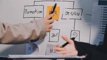 Two executive discussing company growth project success financial statistics, Partner meeting professional investor working start up project for both company with document, laptop and digital tablet. video