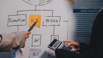 Two executive discussing company growth project success financial statistics, Partner meeting professional investor working start up project for both company with document, laptop and digital tablet. video