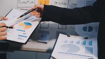 Two executive discussing company growth project success financial statistics, Partner meeting professional investor working start up project for both company with document, laptop and digital tablet. video
